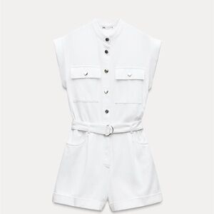 Zara White Sleeveless Belted Romper
